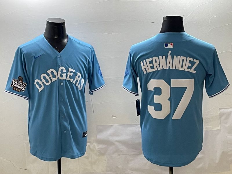 Men Los Angeles Dodgers #37 Hernandez Light Blue Joint Name 2025 Nike MLB Jersey style 14